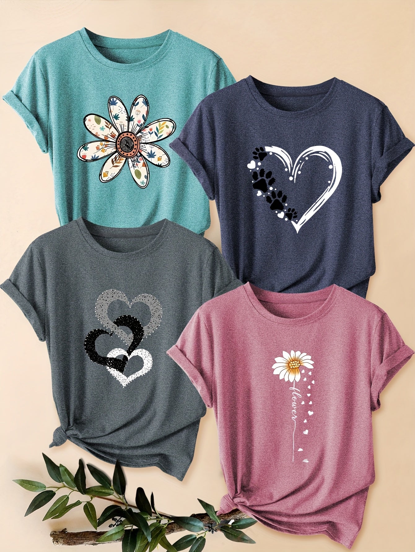 Four-Pack Women's Heart Floral Short Sleeve T-Shirt