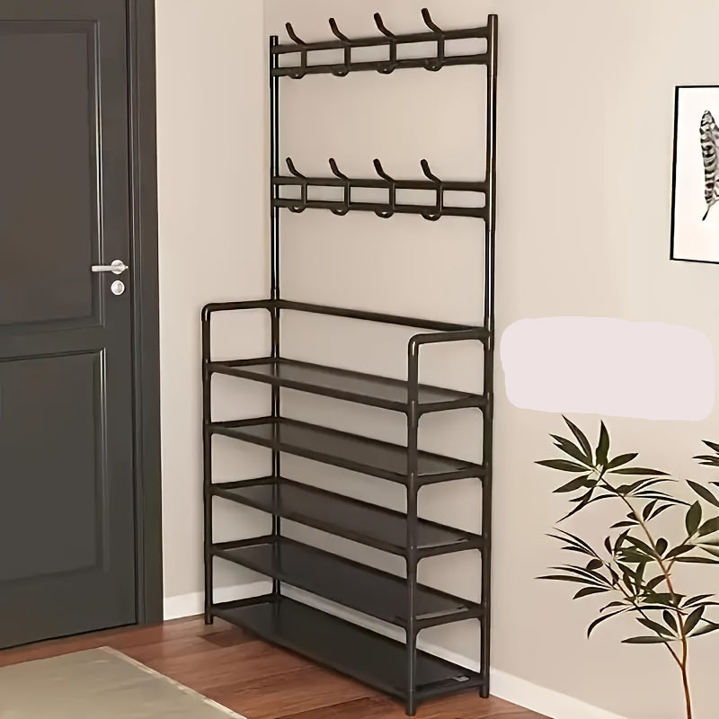Five-tier storage rack with hooks standing in entryway