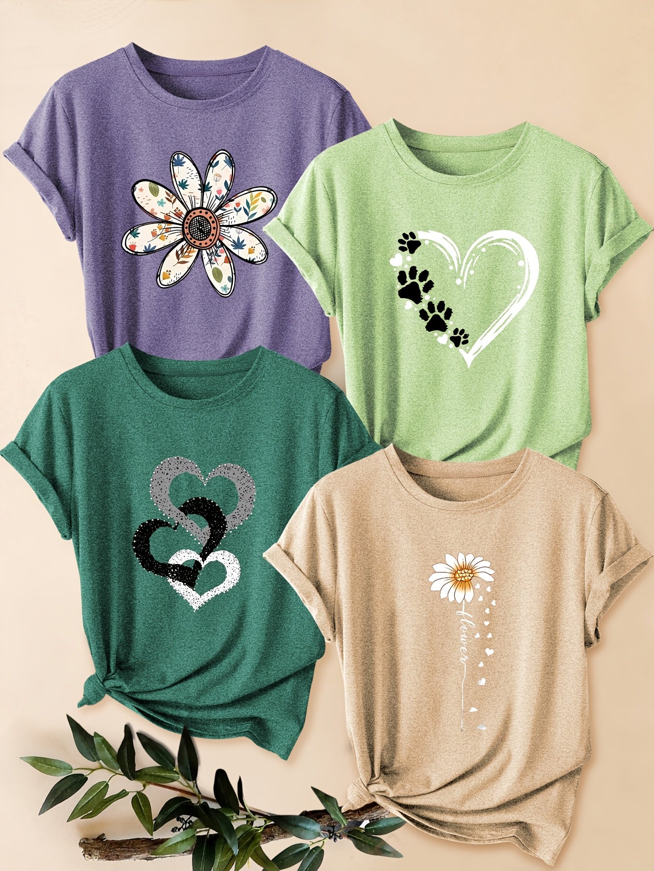 Four-Pack Women's Heart Floral Short Sleeve T-Shirt