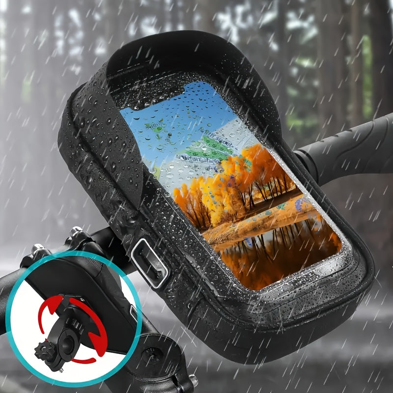 Waterproof motorcycle phone holder mounted on handlebar in rainy conditions