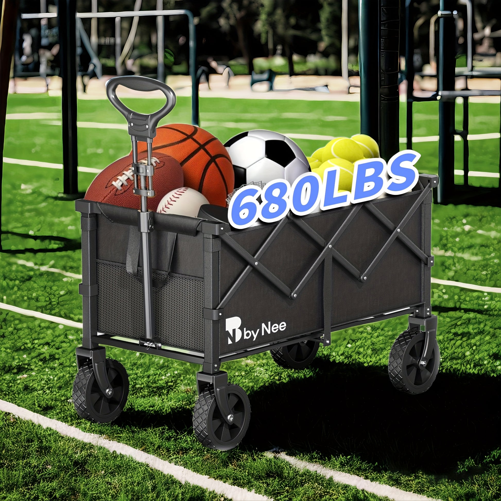 Utility wagon with all-terrain wheels on grass