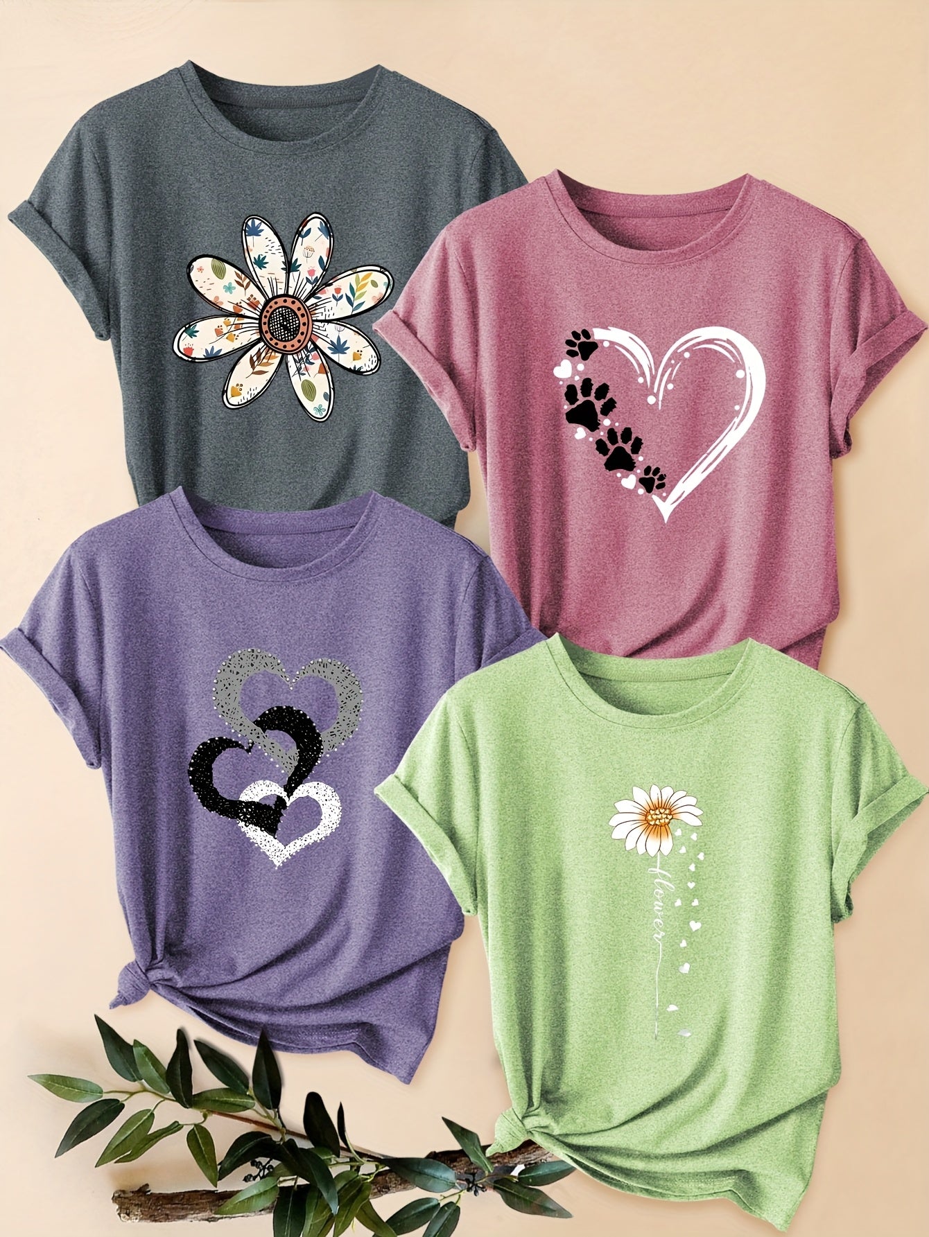 Four-Pack Women's Heart Floral Short Sleeve T-Shirt