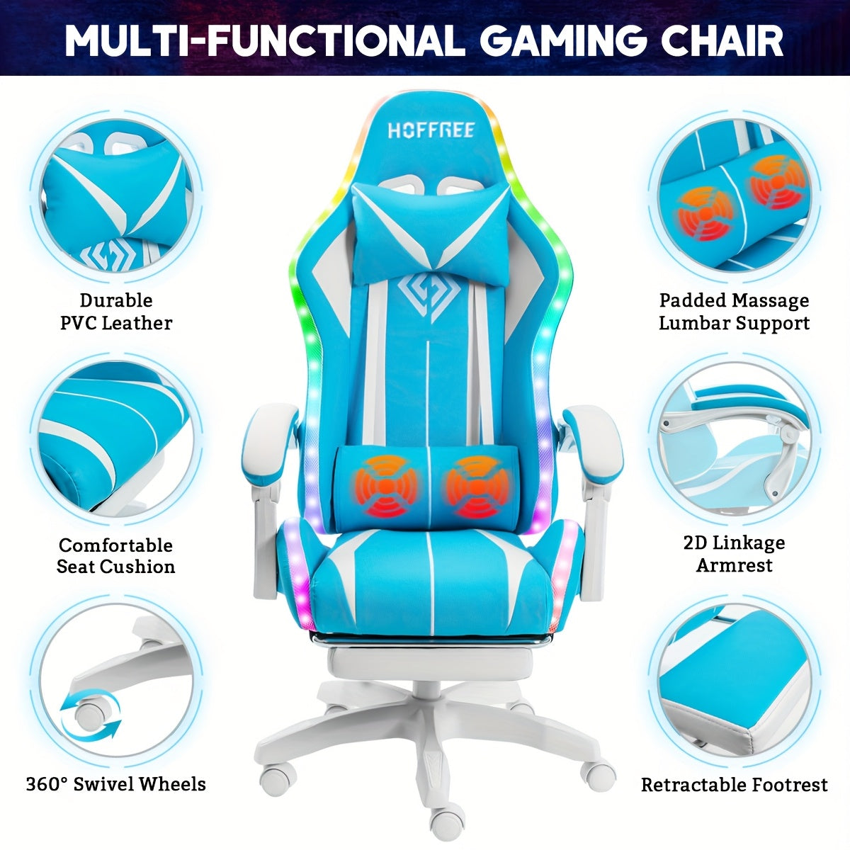 RGB Gaming Chair with LED Lights and Massage.