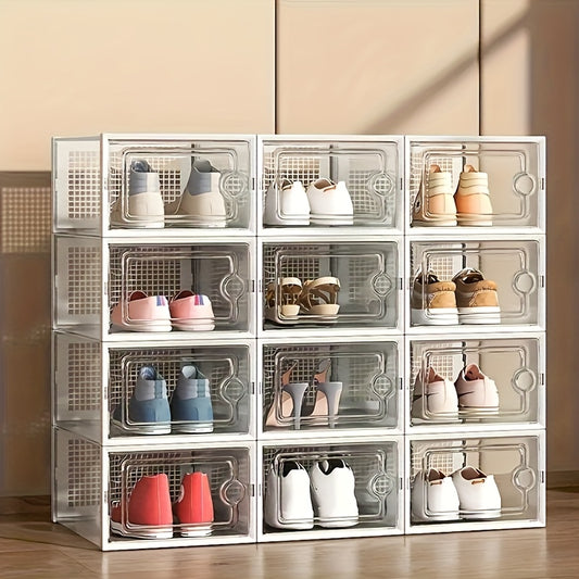 Clear stackable shoe storage boxes organized 