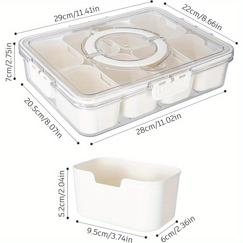 Clear 8-compartment snack serving tray shown empty with removable lid