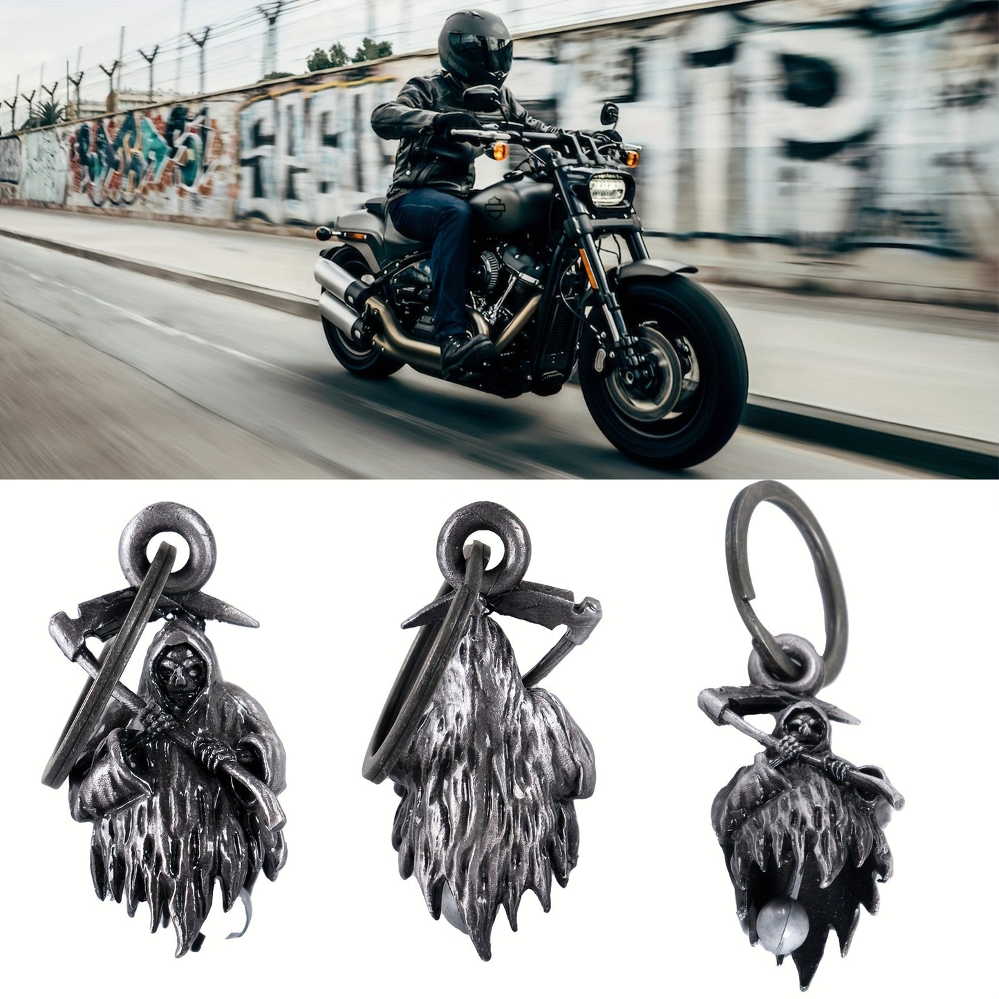 Front and back view of gremlin guardian bell motorcycle charm