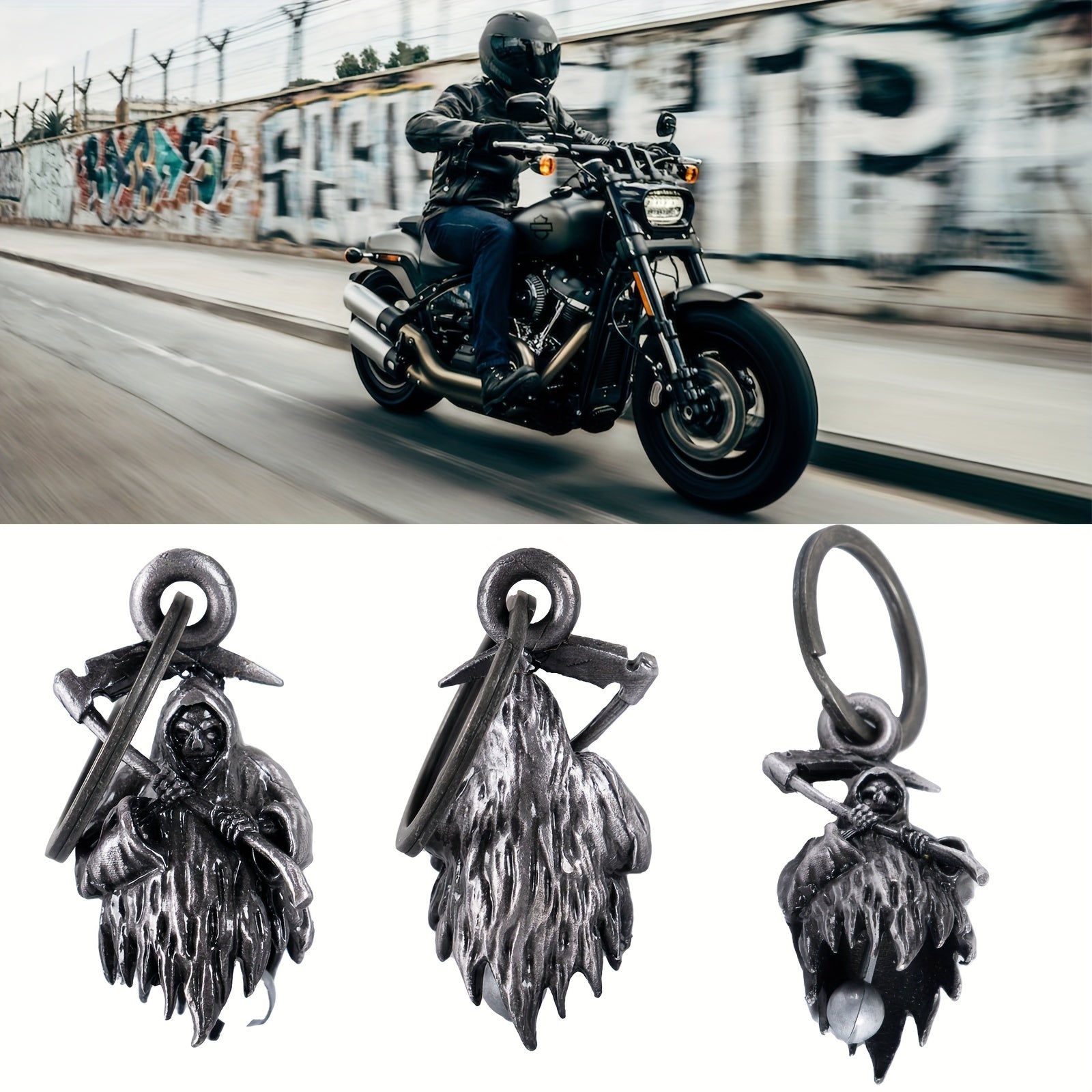 Front and back view of gremlin guardian bell motorcycle charm