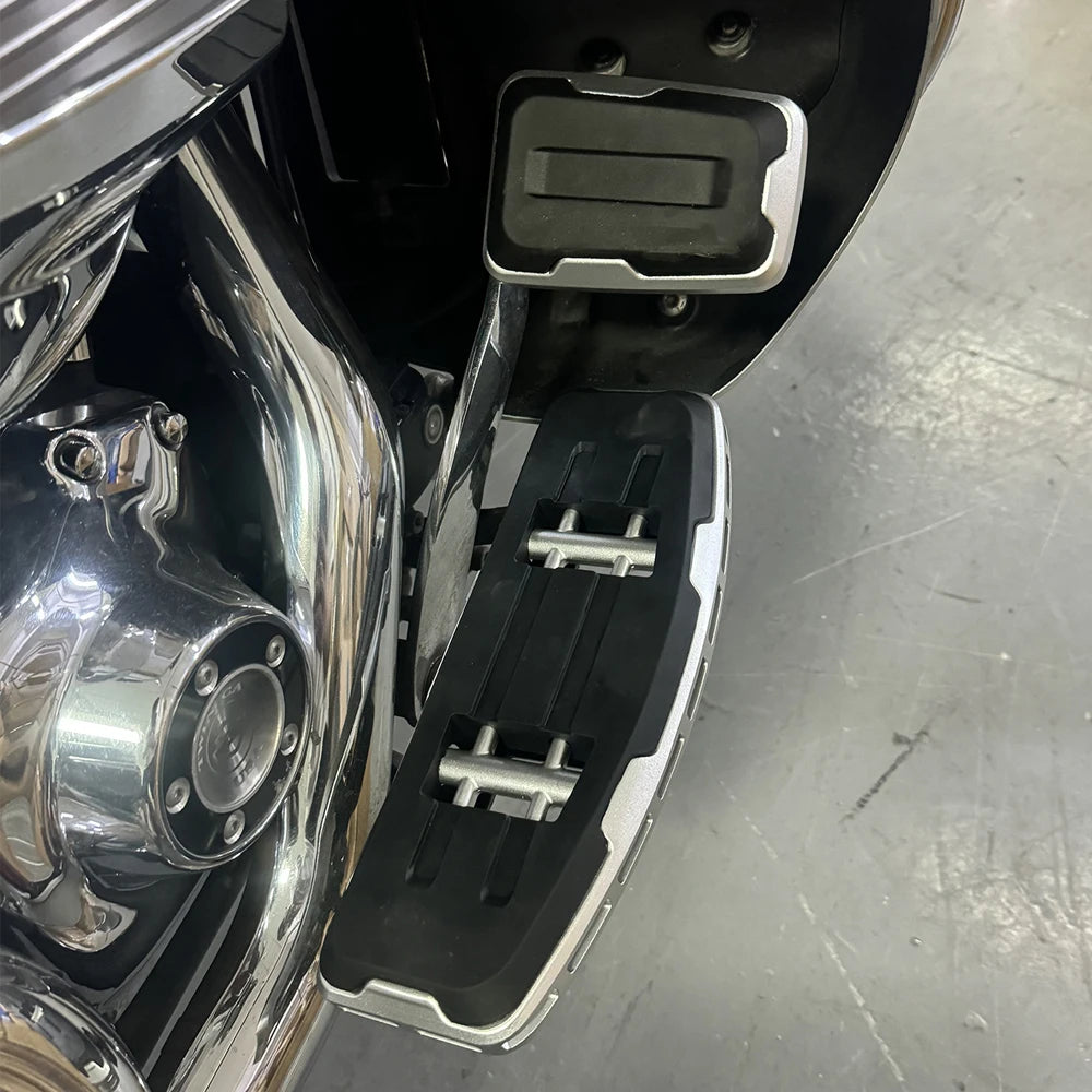 Motorcycle rider and driver footboard kit installed on touring bike