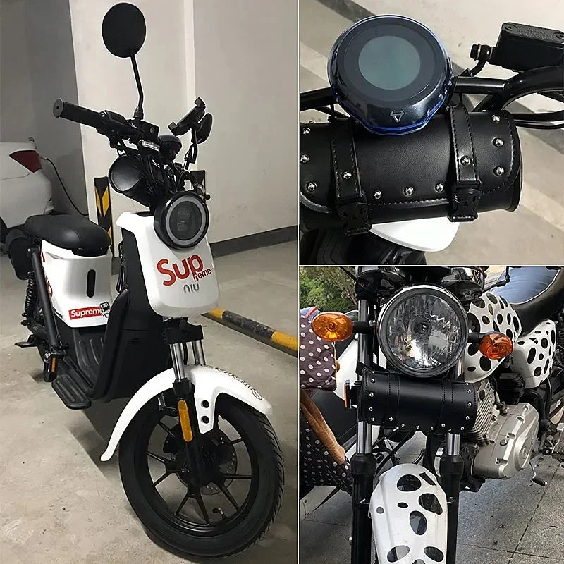 Waterproof motorcycle tool bag mounted on bike frame