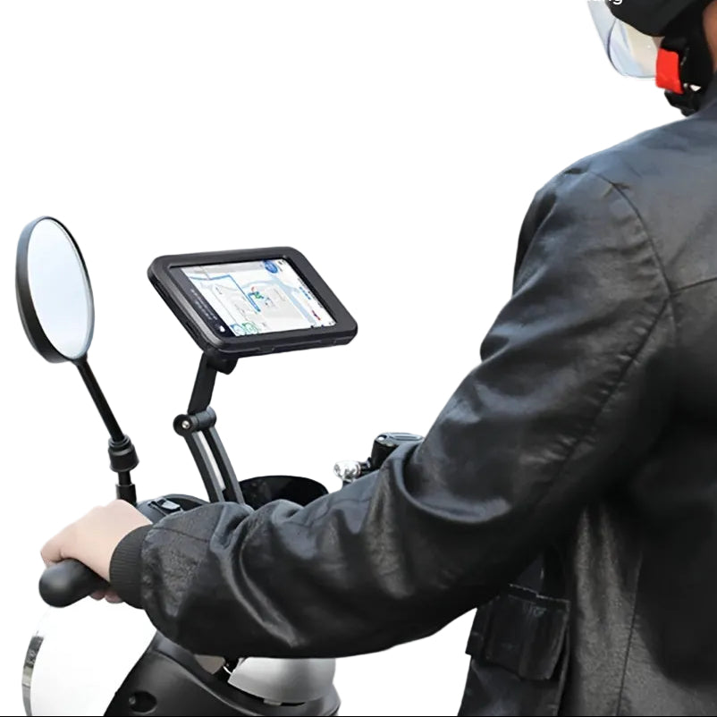 Waterproof motorcycle phone mount installed on handlebar
