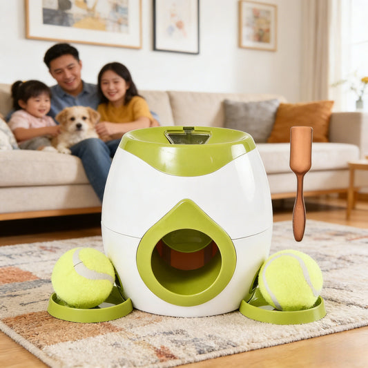 Interactive dog treat dispenser toy with tennis balls