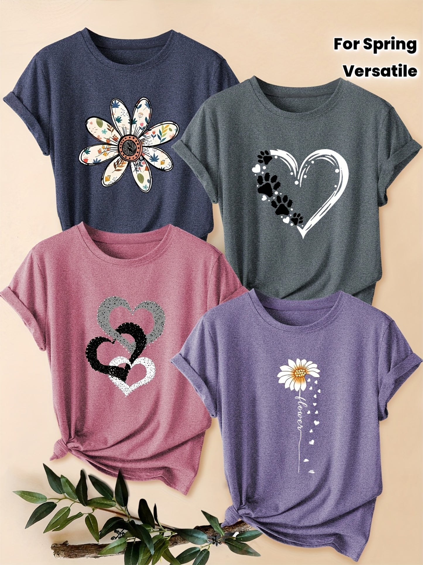 Four-Pack Women's Heart Floral Short Sleeve T-Shirt