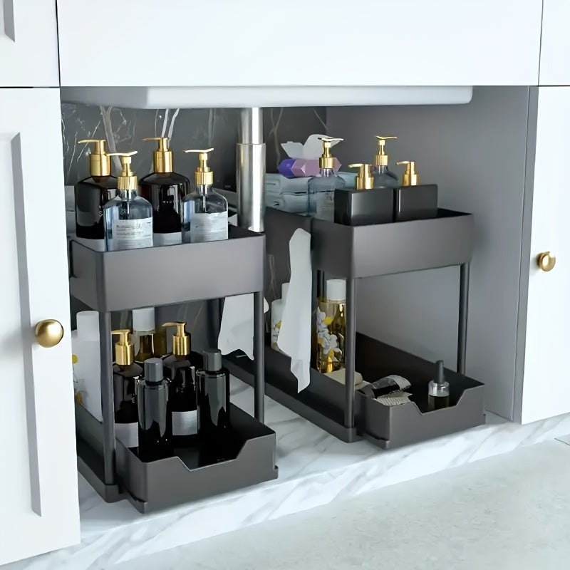 under sink organizer with pipe clearance installed around plumbing
