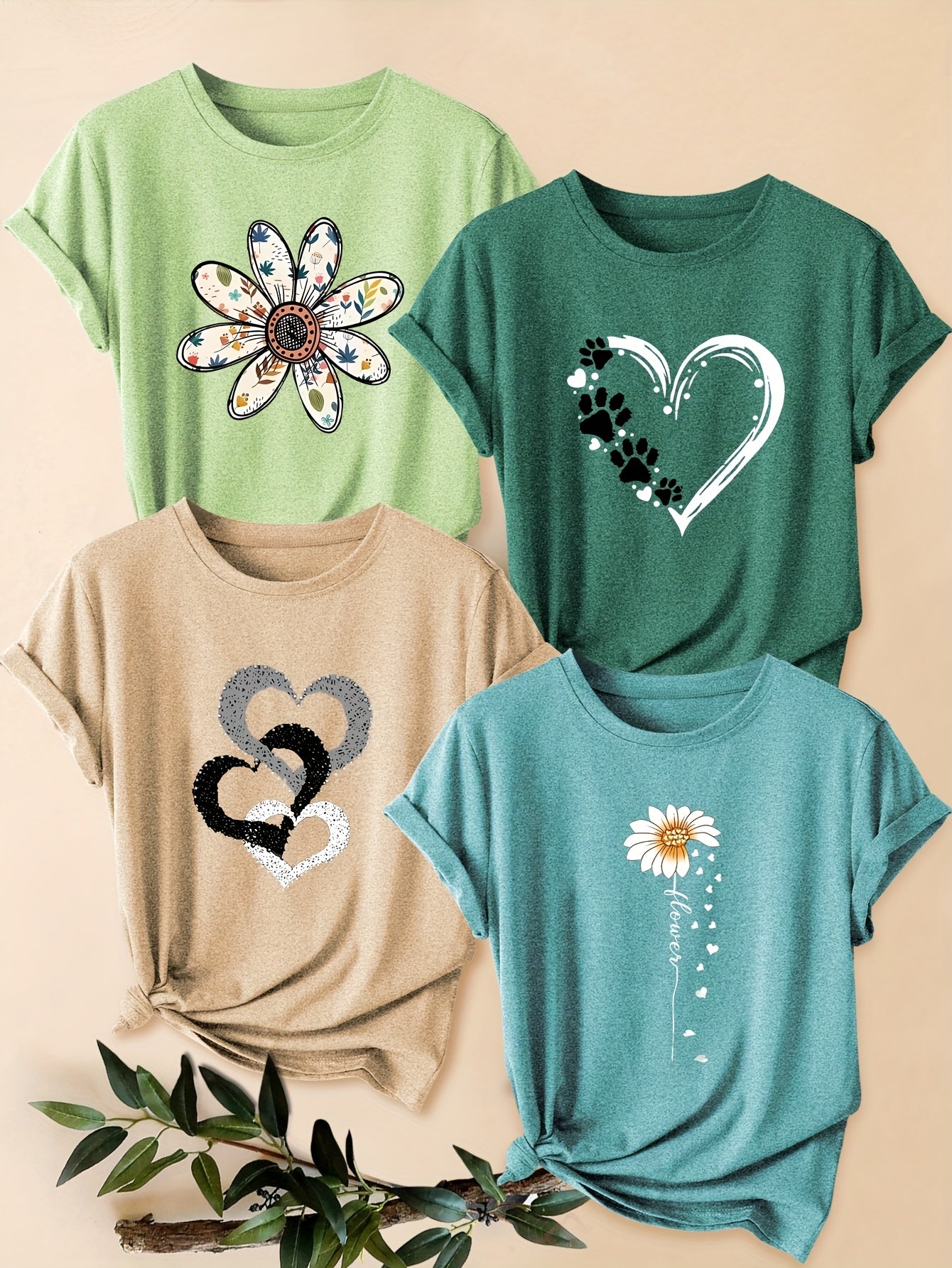 Four-Pack Women's Heart Floral Short Sleeve T-Shirt