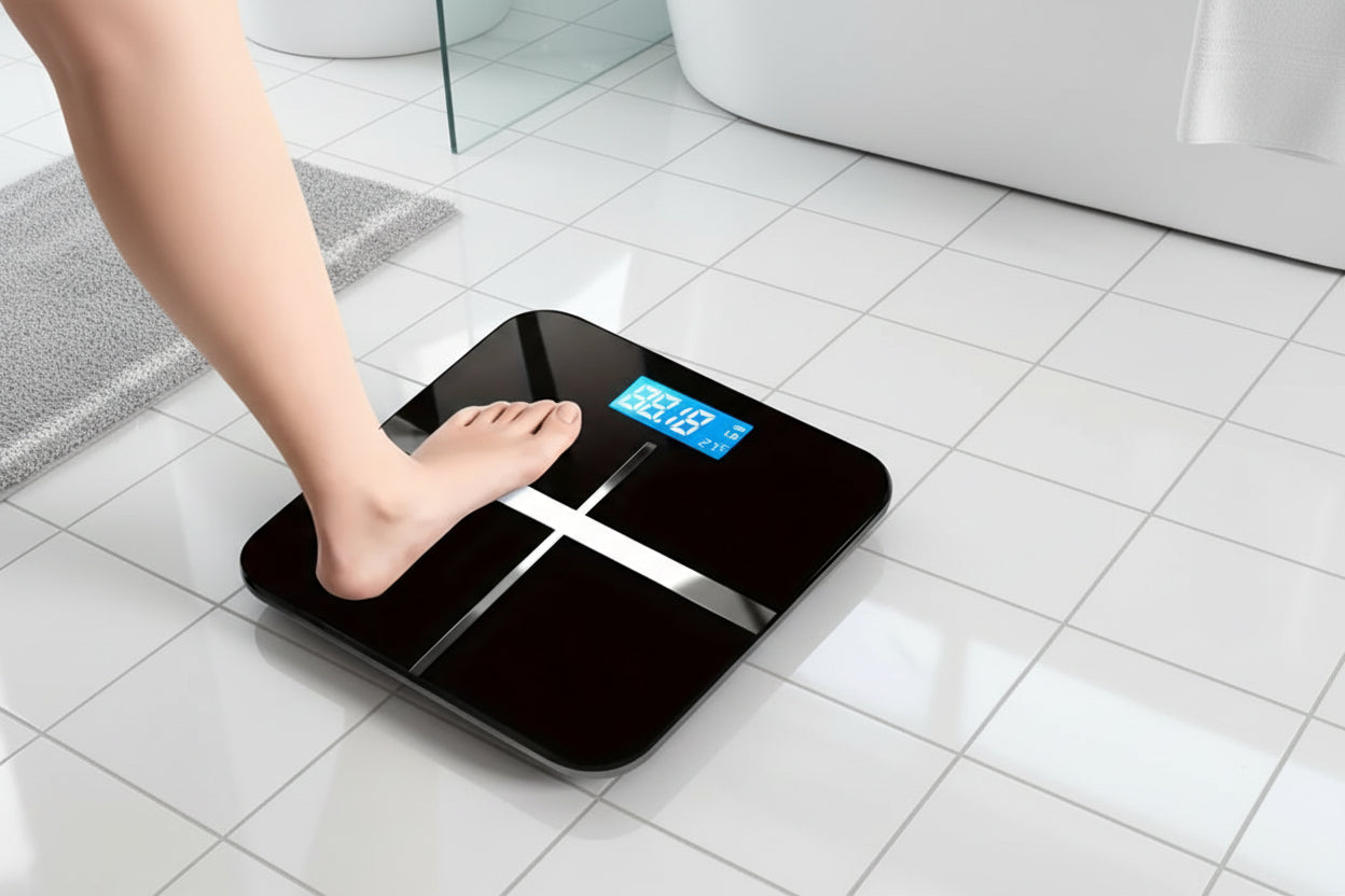 Digital bathroom scale with LCD display on bathroom floor