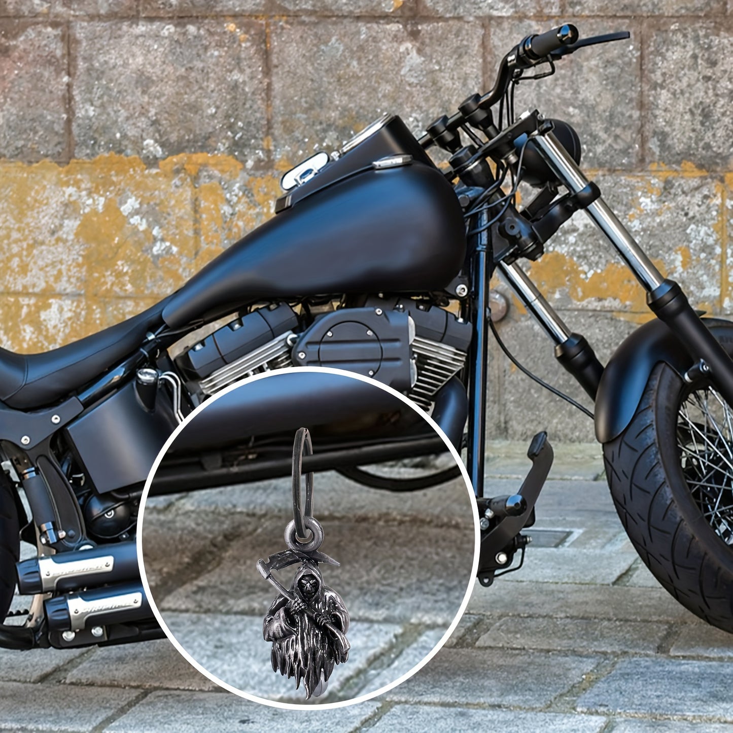 Gremlin guardian bell hanging from motorcycle as rider protection charm
