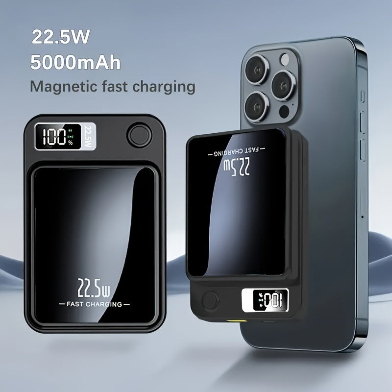 Wireless charging power bank with LED screen close up