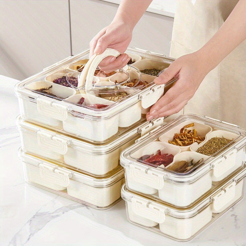 Snack organizer tray used for candy, nuts, fruit, and cookies on table