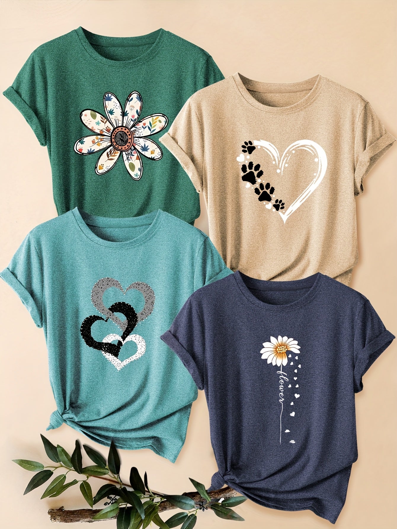 Four-Pack Women's Heart Floral Short Sleeve T-Shirt