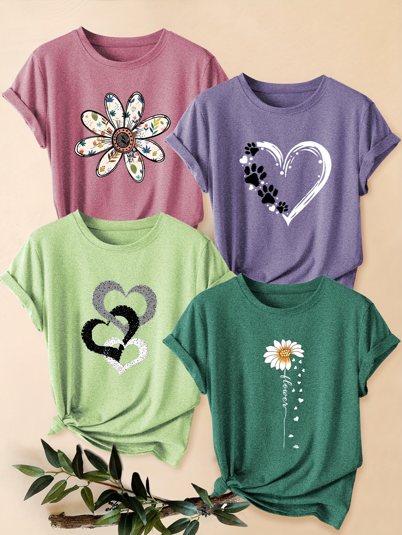 Four-Pack Women's Heart Floral Short Sleeve T-Shirt