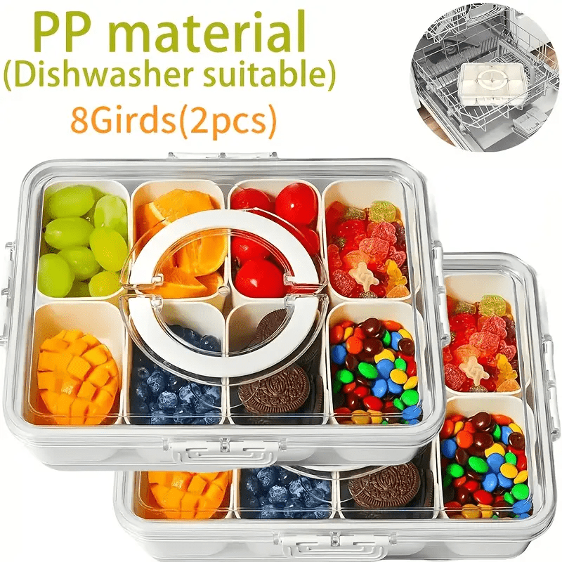 Top view of divided serving tray showing separate snack compartments