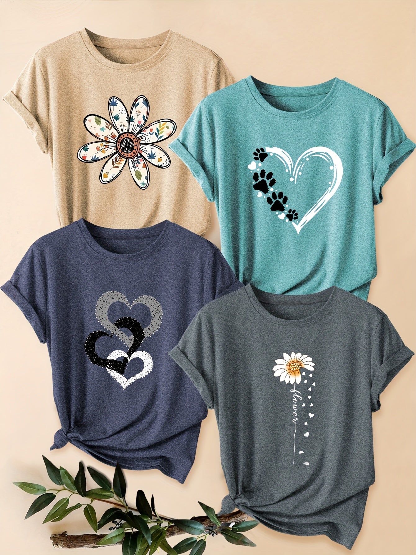 Four-Pack Women's Heart Floral Short Sleeve T-Shirt