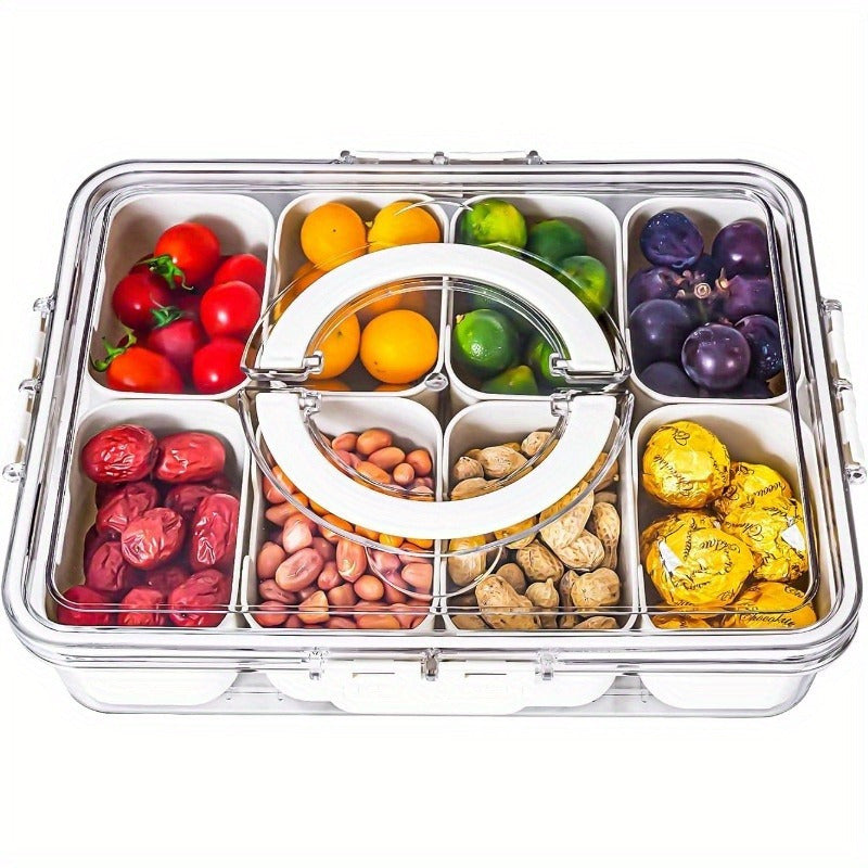Divided serving tray with handle and 8 compartments filled with assorted snacks