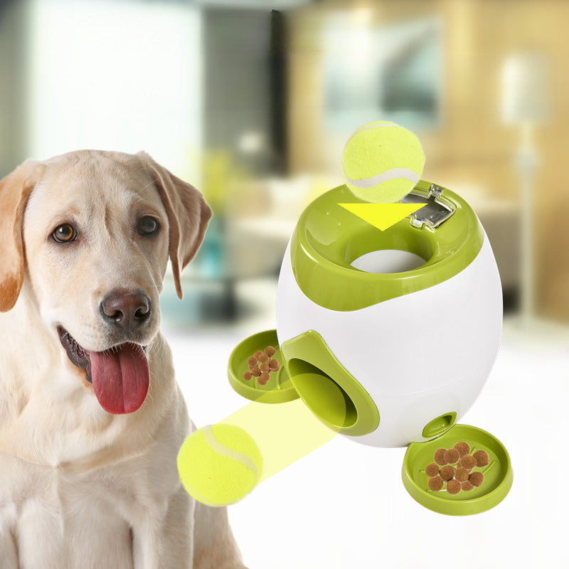 Dog playing with treat dispensing training toy indoors