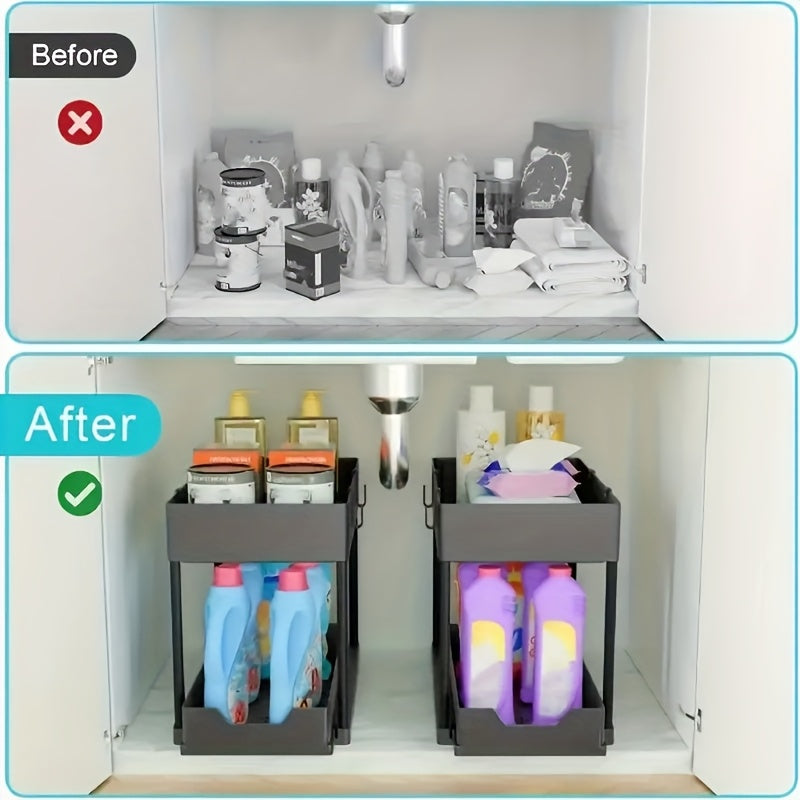 Expandable Under Sink Organizer with Pipe Clearance – Adjustable Storage Shelf