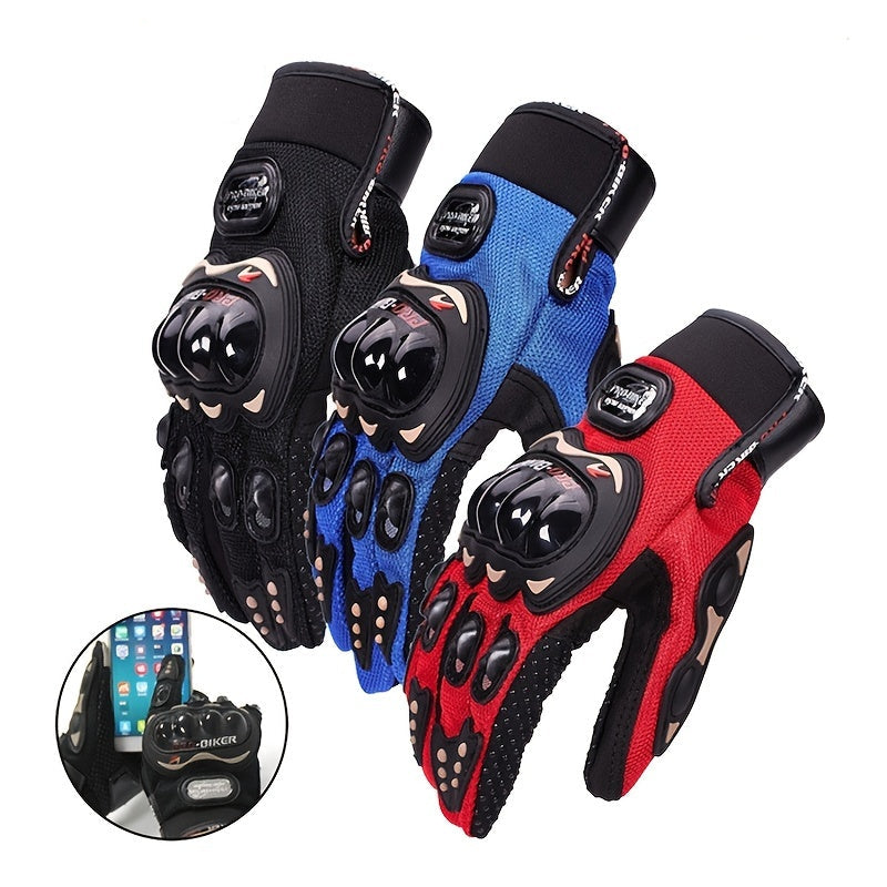 Close-up of touchscreen fingertips on motorcycle riding gloves