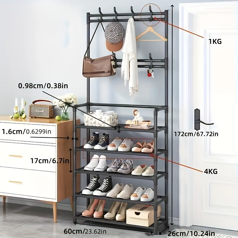 Multi-purpose storage rack with double hooks and shelves